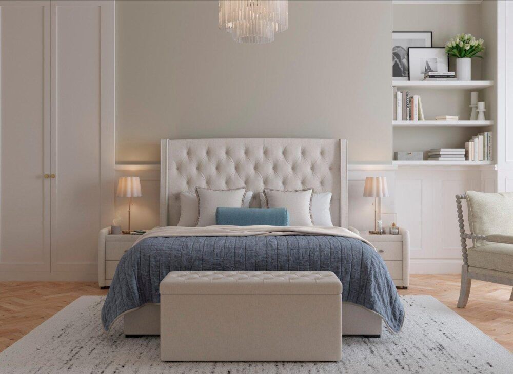 Deacon Upholstered Bed Frame in white panelled bedroom