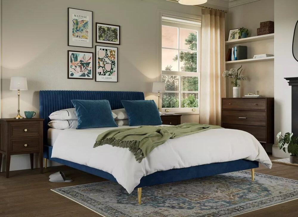 Estella Velvet-Finish Bed Frame in navy blue