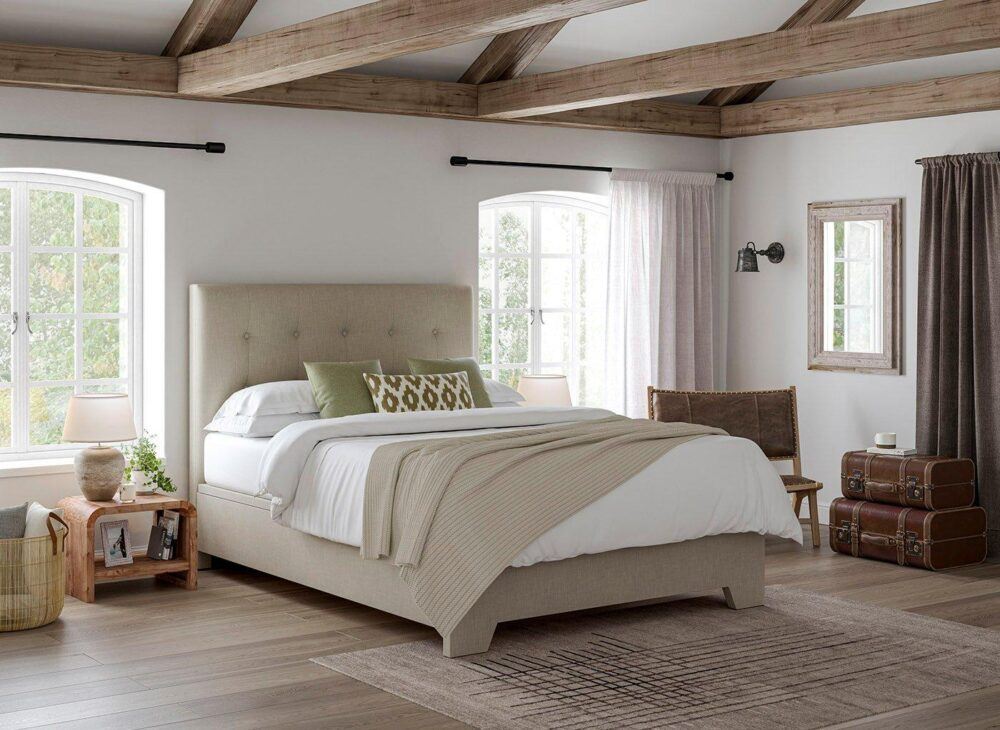 Jenkins bed in oatmeal - upholstered natural colour bed frame with an ottoman in white and neutral bedroom