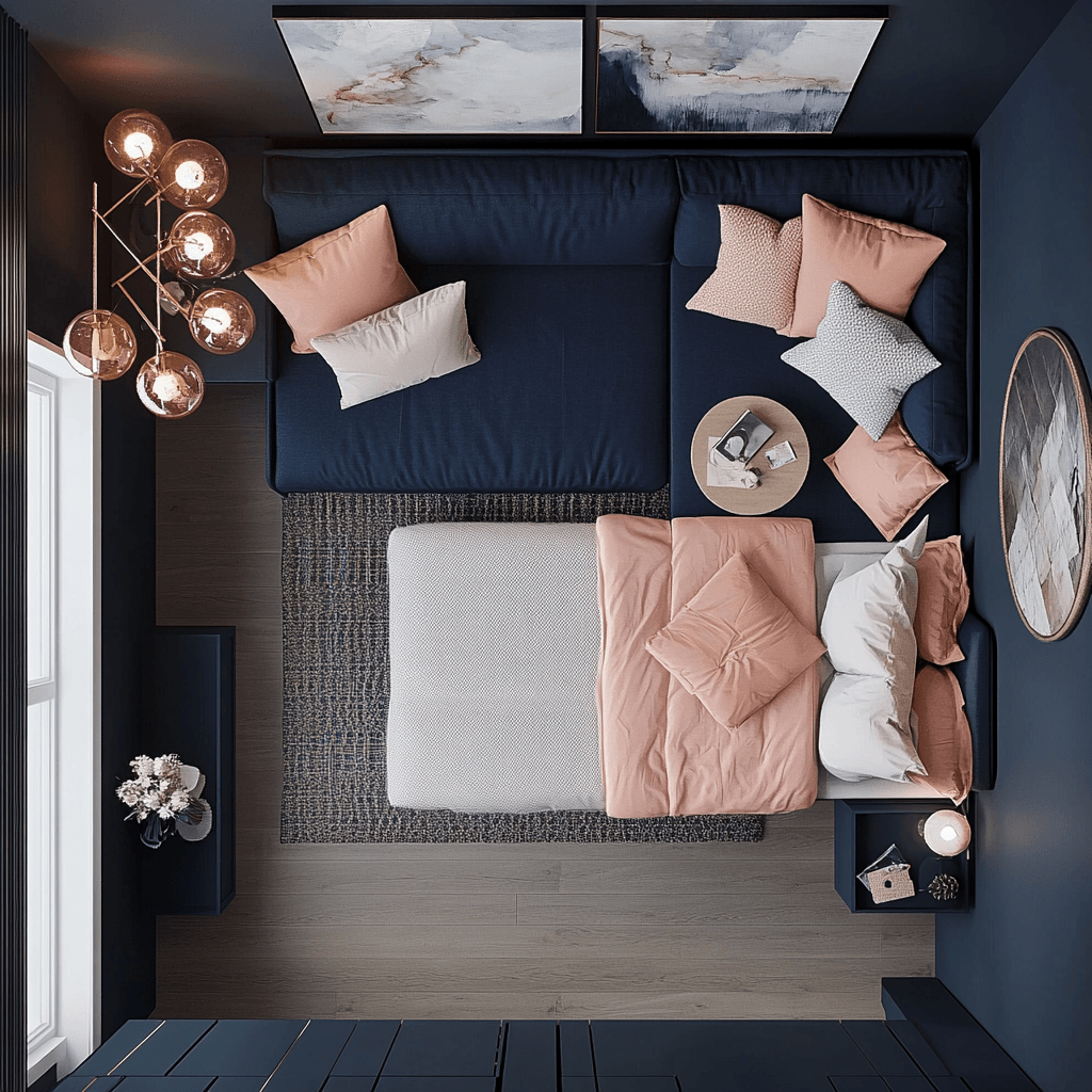 Midjourney AI image showcasing a small bedroom design with a corner sofa bed